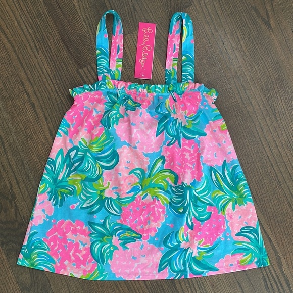 NEW Lilly Pulitzer Jia Tank Top Sz Pineapple Shake Blue Ibiza Floral Ruffle - Picture 1 of 11
